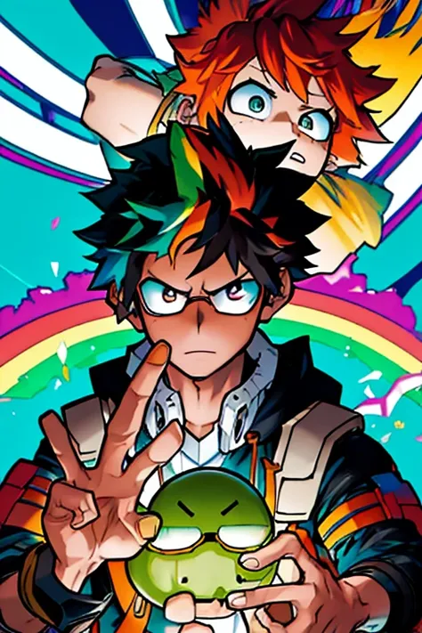 horikoshi kouhei, boku no hero academia, an anime boy with brown skin, rainbow hair, slime-like hair texture, rainbow eyes, black eyebrows, annoyed expression, wearing a white cyberpunk hoodie, circular glasses,