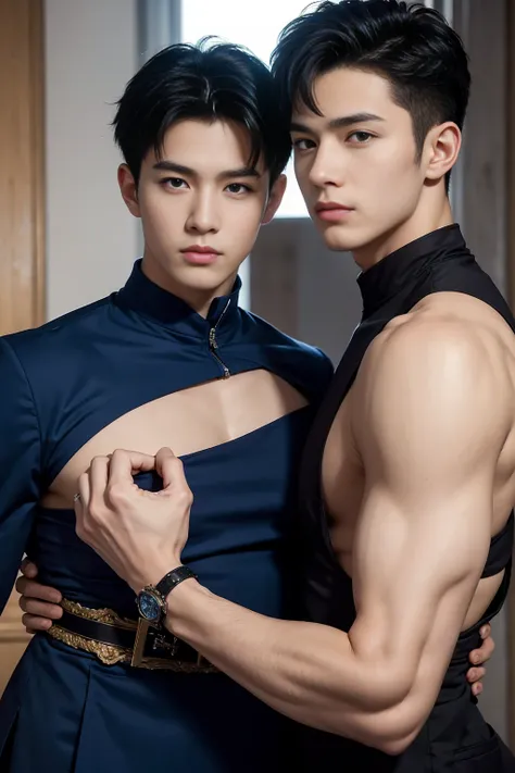 ((masterpiece)),((best quality)),8K,High Detail,Very detailed, Very manly，2 men, like，fashion pose, Real skin texture, Light,
Royal blue style couple