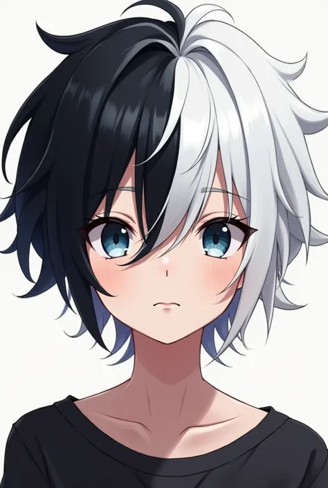 A boy with hair cover his eyes with hari colour black up white down anime