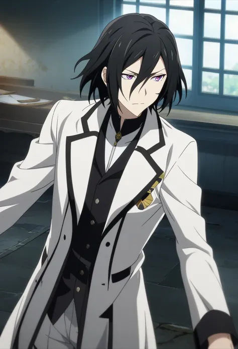 1boy, Fyodor Dostoyevsky, black hair, medium hair, magenta eyes, white clothes, CG, screenshot, Bungou Stray Dogs