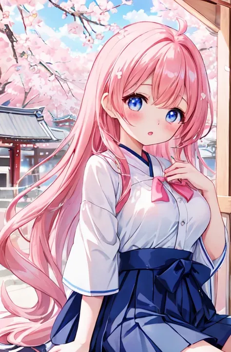 anime、1 female、bottom angle、whole body、semi-long、curly hair、blue eyes、dense lips、well-groomed face、one piece、mini skirt、valley、beautiful breasts、cherry blossoms、cherry blossoms blizzard、Kyoto cityscape、sunlight、masterpiece、ultra high resolution、delicate、16...