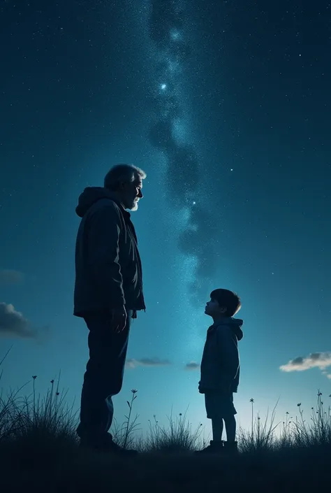 Create an image of an adult man looking at the stars, and make your shadow that of a child with the father as if it were his memories.