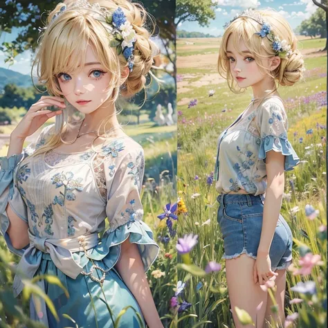 masterpiece: 1.2, Portraiture, Best Quality), Realistic, (live-action, Intricate details, Written boundary depth), Best Quality, masterpieceAttention to detail, semi-Realistic, On the grass, shy, 2, Short blonde, blue eyes, blonde、 Slim figure、Bare shoulde...