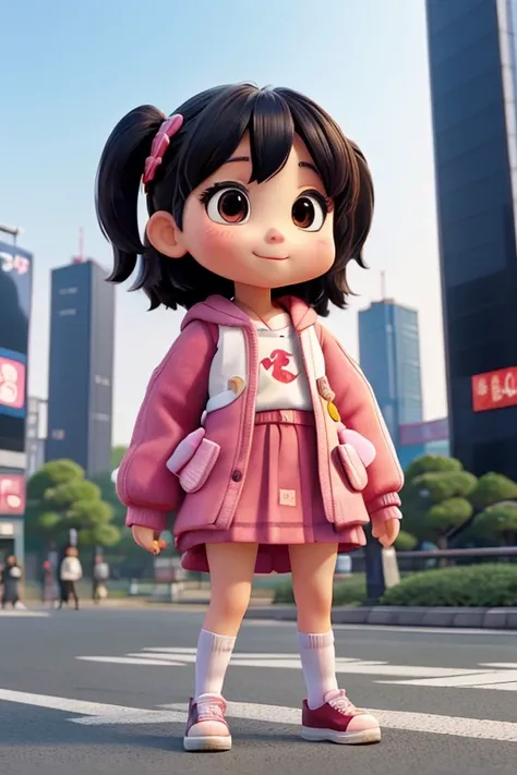 A character that personifies Tokyo culture、one Deformed cute girl、 Cute pose、Outdoor Scenery、An iconic landmark of her country、((Best Quality))