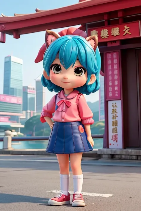 Characters that personify Hong Kong culture、one Deformed cute girl、 Cute pose、Outdoor Scenery、An iconic landmark of her country、((Best Quality))