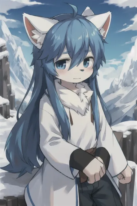 Boy with wolf ears　Blue long hair　Snow Mountain　Snowstorm　On the Cliff　Kind Face