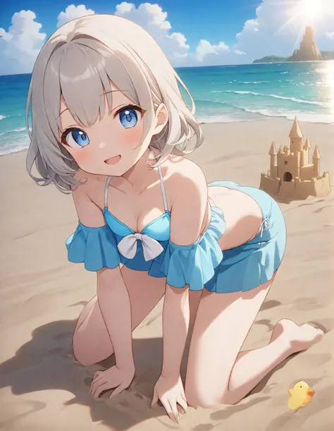 Anime girl in a blue bikini on the beach with a sandcastle in the background, At the Beach, , At the Beach, At the Beach, Splash Art Anime , On a sunny beach, , At the Beach, At the Beachポーズをとる, On the sand, Cute Anime Girl, Beach girl, Enchanting anime gi...