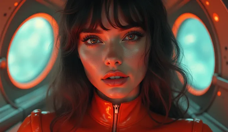 full body shot, beautiful girl in a 70s bodysuit, gorgeous female, extremely detailed face and eyes, beautiful detailed lips, long eyelashes, 1 girl, 70s, 70s style, futuristic, inside a spaceship, advanced technology, sci-fi, digital art, concept art, pho...