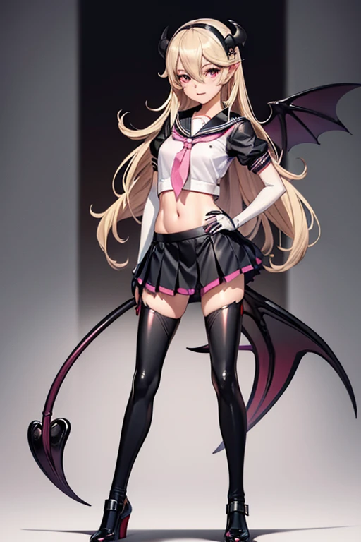 young, sexy evil demon, female corrin, pink and black latex sailor school uniform, fantasy background, slim body, only tight skimpy clothes, whore, slut, black, pink-skirt, elbow gloves, short sleeves, bat wings, blonde bitch, devil tail, devil wings, smal...