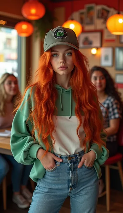 A highly detailed, high-quality photograph of a 1 girl with red hair, sitting in a pizzeria with two friends — a blonde and a brunette. She is wearing a trendy casual outfit, including stylish jeans, a modern oversized hoodie, a cap, and fashionable sneake...