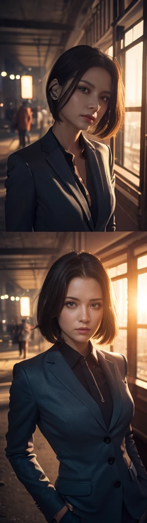 16k, High resolution, , Ray Tracing, Natural Light, Absurd, Top quality masterpiece, Perfect anatomically detailed face, detailed eyes, One girl, Alone, Wearing a business suit, shirt, Open the top button, Beautiful Hair, very beautiful, Edgy, nice, Evil A...