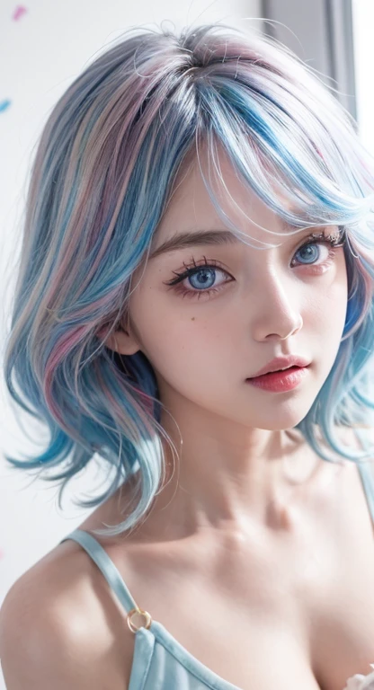 （masterpiece、highest quality、High resolution），（Colorful background，（Splattered Conk，Splashes of color）），pretty girl，Blue pink medium long hair，[Light blue|pink]hair，curl，blue eyes，flash，pink lips，（Splash Color，（White shirt），front，Whole Body Ezbian，Volumetr...