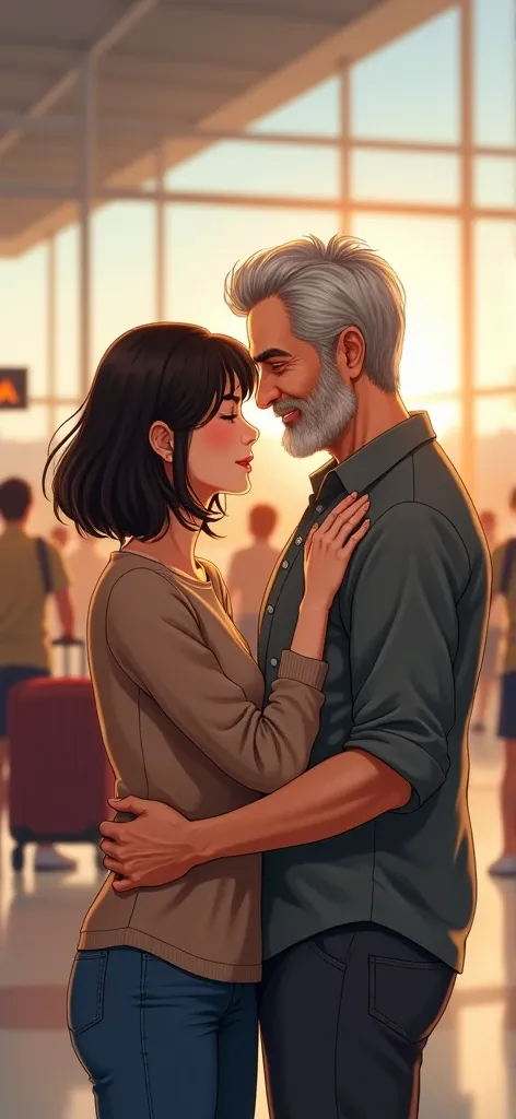 Japanese wife in her 40’s with a shoulder length hair and her spanish husbabd in his 50’s with a bit of grey hair reuniting at a spanish airport 