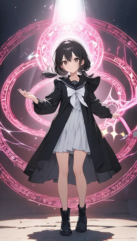 High resolution, 8k, best quality, masterpiece, ultra detailed, anatomically correct, masterpice anime, hentai, 
1girl, standing, majic circle on hand, (shooting magical beam from own hand:1.5), (long shovel in one hand),
black Hair, low tiwntails, white r...