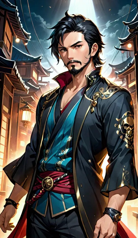 bounty hunter, pirate era, japanese anime style, 30 year old man, medium beard, medium black hair, worn and wide clothes, ultra detailed, hyper realistic, highly detailed, intricate details, cinematic lighting, dramatic pose, intense expression, complex ba...