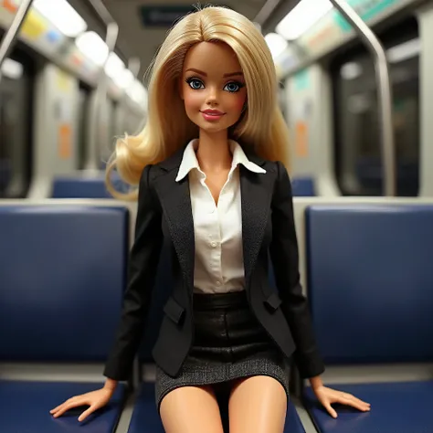 Barbie Doll、Inside a moving subway car、((対面のロングシートに座るビンテージBarbie Doll))、(((Sitting in a business suit with a mini skirt)))、Front view、Close up on crotch、((NSFW))