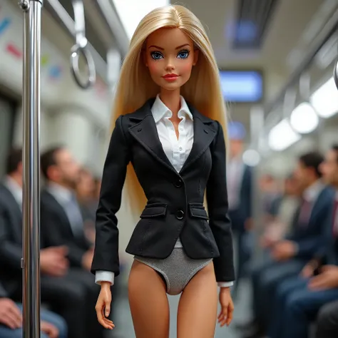 Barbie Doll、Inside a moving subway car、対面のロングシートに座るビンテージBarbie Doll、(((Panties visible under the mini skirt of a business suit)))、Front view、Close up on crotch、((NSFW))