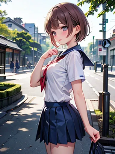 (​masterpiece:2.0), (top-quality:2.0), (Ultra mini skirt extremely short length school girl uniform:1.5), (view from the side:1.5), (sexypose:1.5), (blushed face:1.3), (barechested:1.3), (Spilling boobs:1.4), (realistic:1.5), 1 , precise small hands, Embar...