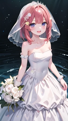 masterpiece, best quality, High resolution, aaitsuki, by the wide, He drowned, Star hair ornament, bridal veil, clavicle, bare shoulders, strapless, wedding dress, white dress, wristbands, degrees, standing, holding bouquet, smile, Open mouth,,大きい胸、