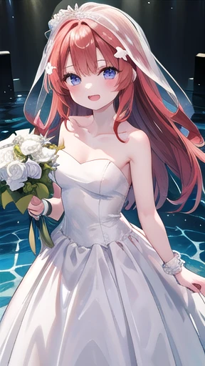 masterpiece, best quality, High resolution, aaitsuki, by the wide, He drowned, Star hair ornament, bridal veil, clavicle, bare shoulders, strapless, wedding dress, white dress, wristbands, degrees, standing, holding bouquet, smile, Open mouth,,大きい胸、