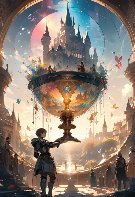 (masterpiece, best quality),(double exposure: 1.2), subtle colors, post-grunge, concept art, paint splatters, intricate details. trends in art station, detailed depiction,(cute knight is holding high the holy grail in his hand,tween,at sacred castle),surro...