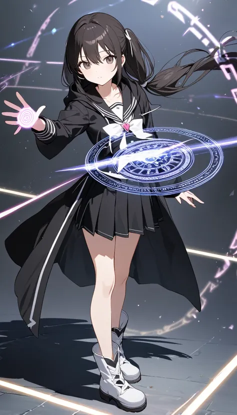 High resolution, 8k, best quality, masterpiece, ultra detailed, anatomically correct, masterpice anime, hentai, 
1girl, standing, majic circle on hand, (shooting magical beam from hand:1.5), (long shovel in one hand:1.2),
black Hair, low tiwntails, white r...