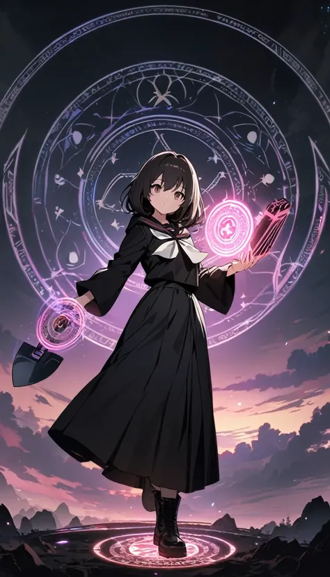 High resolution, 8k, best quality, masterpiece, ultra detailed, anatomically correct, masterpice anime, hentai, 
1girl, standing, majic circle on hand, (shooting magical beam from hand:1.5), (long shovel in one hand:1.2),
black Hair, low tiwntails, white r...