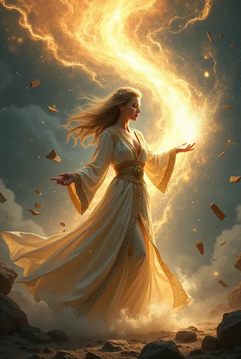 Beautiful young woman in fine robes manipulating the magic of a tornado of light, debris flying around