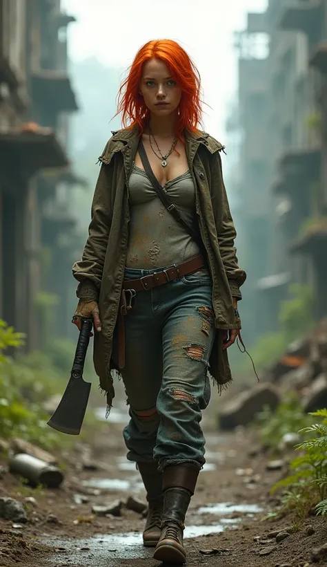 Very detailed, high quality photo of 1 girl with red hair, dressed like an apocalypse survivor. She wears a worn-out one., filthy, and torn clothes, including rough pants and torn, worn-out jacket. In one hand, She holds a machete, while the knife is tied ...