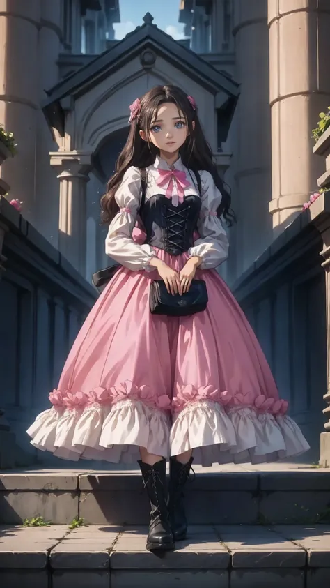 、beautiful girl、とてもcute天使、pink gothic dress、cute、baby face、smile、long skirt、black long boots、