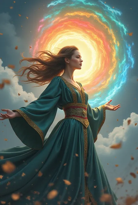 Beautiful young woman in fancy wizard robes manipulating tornado magic of rainbow light, debris flying