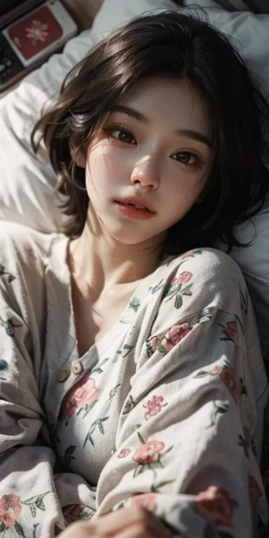 A cute girl is lying face down on the bed and looking at you, 2, Realistic, She is wearing shorts, She is wearing floral pajamas, short hair.Bare shoulders、Front view of chest