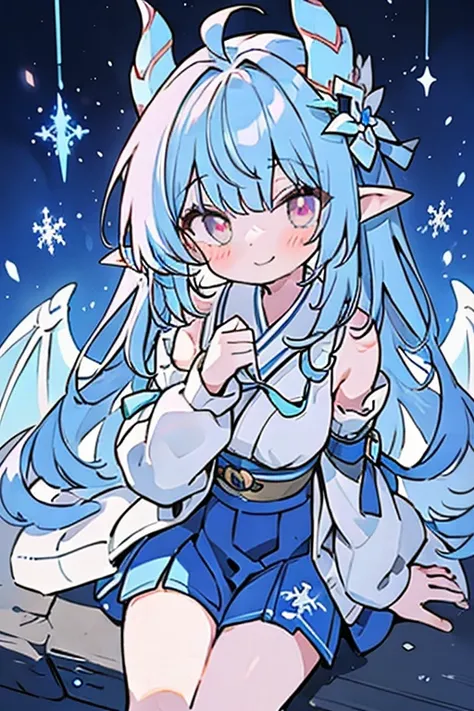 1 ice dragon in the form of a cute girl With a slight smile, very long blue hair, bright pink eyes, medium stature, with dragon horns on her temples and pointed ears on her head, big, blue dragon wings (covered in scales) and big, long blue dragon tail (co...