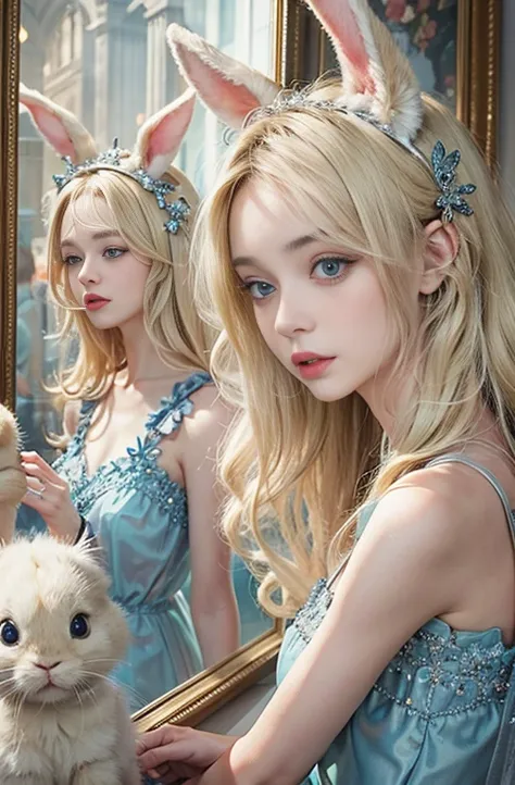 masterpiece: 1.2, Portraiture, Best Quality), Realistic, (live-action, Intricate details, Written boundary depth), Best Quality, masterpieceAttention to detail, semi-Realistic, In the city , blue eyes, blonde、 Slim figure、Bare shoulders、Antique Bunny Girl、...