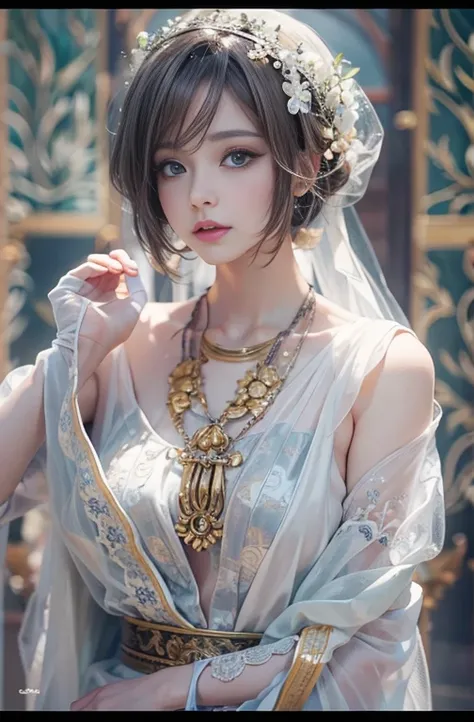 1, Close up portrait of woman in Ancient Greek clothing、Shoulder out、thin、Serious expression、short hair、Deadly position, Gorgeous Necklace, Light milky porcelain skin, , Transparent white skin, Enchanting anime girl, Beautiful and seductive anime woman, Su...