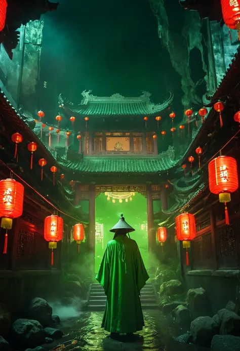 Haunting Chinese Ghost Stories, Creepy Chinese architecture, Tanabata Festival, Green ghost soup, mianpoqiao, Menpo soup, Ghost Guard, Iron Chains, Dark atmosphere lighting, Cinematic, Horror, Atmospheric, Surreal, mysterious, detailed、Ghost、ghost