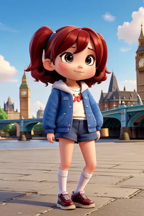 Characters that personify London culture、one Deformed cute girl、 Cute pose、Outdoor Scenery、An iconic landmark of her country、((Best Quality))