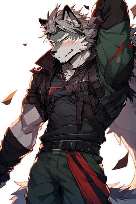 a very muscular, furry style, gray wolf, full long armed dark green soldier suit outfit, war type soldier outfit, looking at the...