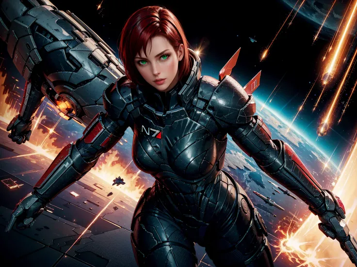 solo, jane shepard, with crimson red hair, wearing damaged n7 armor, punching a reaper dreadnought ship in space, hand-to-hand c...