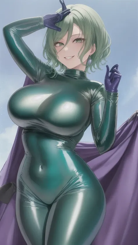 erotic、hikawa hina、light green short hair、big breasts, alone, navy blue latex rubber suit turtleneck purple evil background、 bes...