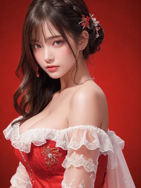 ((Best Quality)),(Ultra-high resolution),(Very detailed),(Detailed Description),((The best CG)),(a masterpiece),Ultra-detailed art、See-Through 2.0、Off the shoulder、Cleavage、Red background、