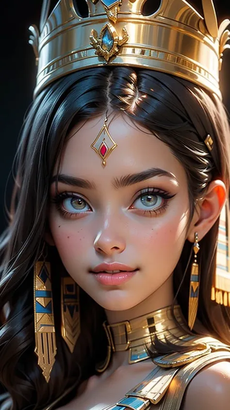 a close up of gold makeup a woman wearing a gold faraon blue metalic gold color headdress and a crown, egypt makeup, egyptian makeup, wearing an egyptian crown, egyptian princess, egyptian, beautiful cleopatra, smile like a sphinx, brown skin man egyptian ...