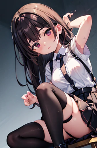 brown hair、looking at the viewer　　suspenders　　　Bulging big breasts　　 　 　　　　Black miniskirt　garter belt　knee high socks　　　　　　Gaze　　　small face　bangs 　　　　　Beauty　　hands up　　 　Gaze 　black boots 　provocation　　armpit sweat　one person 　　put your hands behind you...