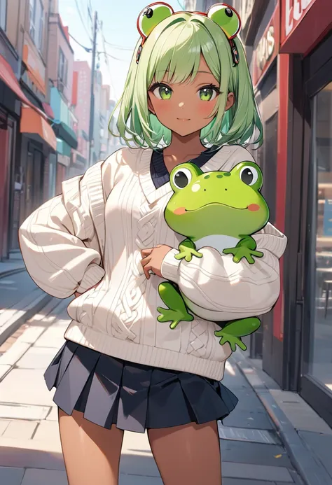 (masterpiece, best quality),Beautiful anime girl,joy, against a street background,(wearing Preppy style v-neck sweater(patchwork), boots), ((tween,cute,frog-shaped headgear,(tanned dark skin),lightgreen hair,side bangs,small breast)),with crisp outlines an...