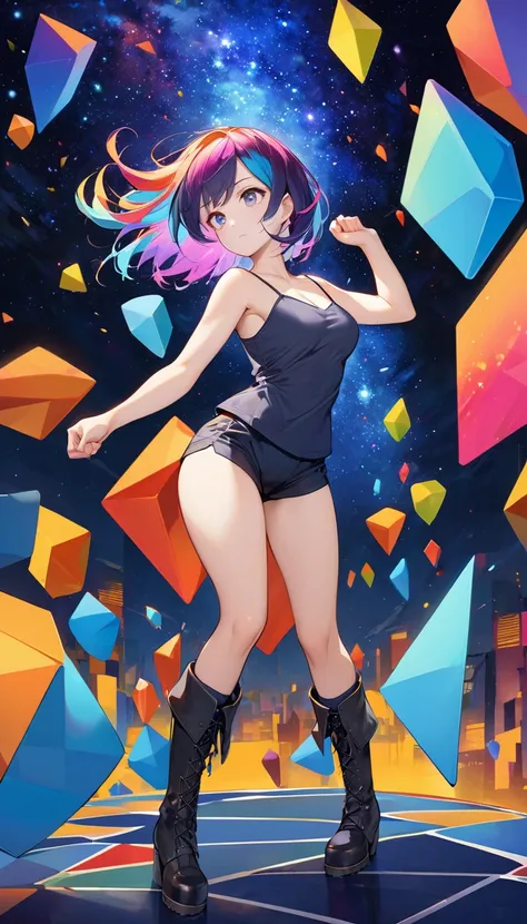 Beauty　Colorful Hair　Expressionless　tits　camisole　boots　stand　Martial arts poses　Uplifting　Cubist Background　Night starry sky　gem