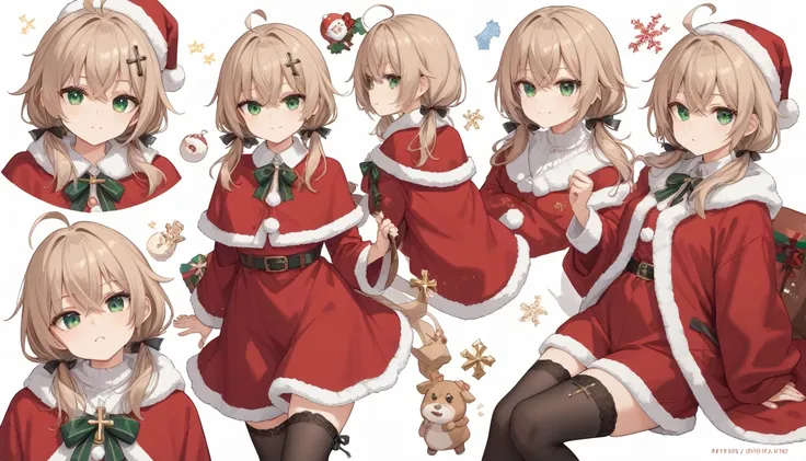 ((light brown hair、ahoge、cross bangs、small green eye、low short pigtails＿black ribbon hair accessory)）、santa clothes、multiple sce...