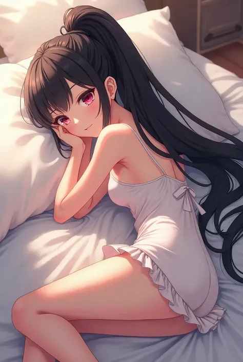 Anime girl in black ponytail hair on bed