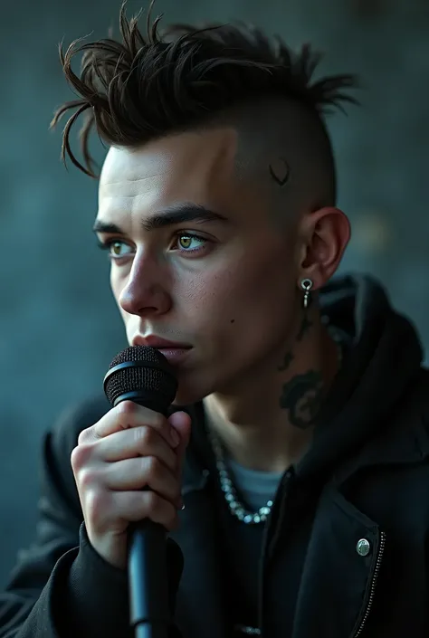 joven hombre de 17 años A mohawk boy, extremely detailed face, beautiful detailed eyes, beautiful detailed lips, extremely detailed ear, baggy shirt, microphone in hand, cinematic lighting, dramatic angle, high contrast, moody atmosphere, hyper realistic, ...