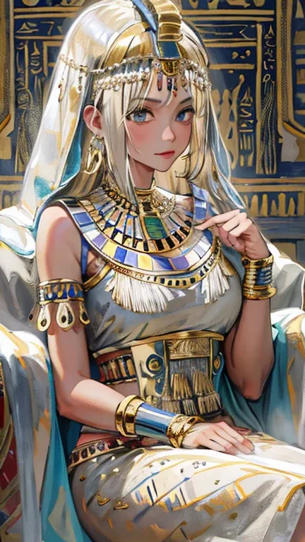 (high resolution, best quality, masterpiece, 8k), ancient egypt, cleopatra style girl, silver blonde middle, pharaoh&#39;s cloth...