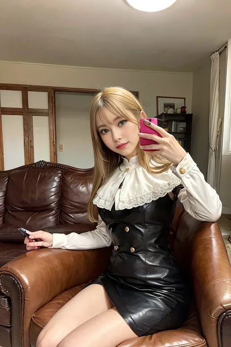 Portrait of a 4 blonde French woman, 1940, Period costume, Genuine leather, Sit down and take a selfie like you would with a smartphone, (The living room is furnished with period furniture, Calm, soft light: 1.2)